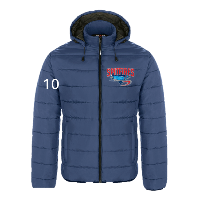 Blue puffer jacket with a logo and number on a white background