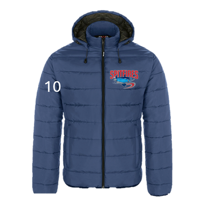Blue puffer jacket with a logo and number on a white background