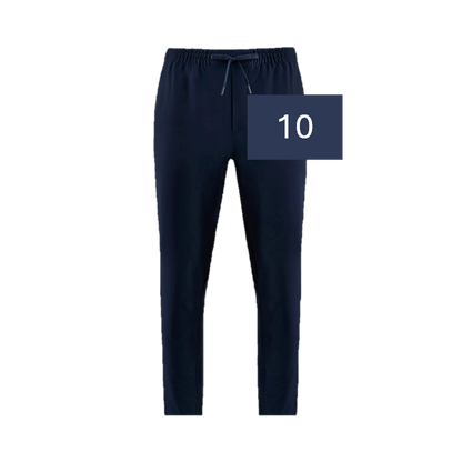 Navy blue pants on a transparent background with a number 10 label.
