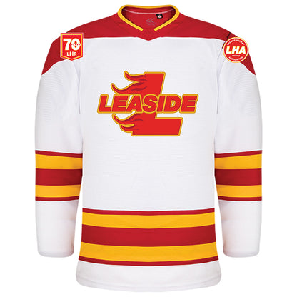 Hockey jersey with Leaside logo and red and yellow accents on a white background