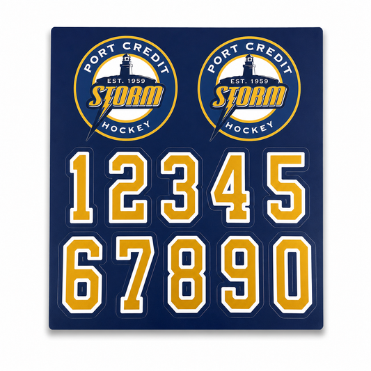Port Credit Hockey Sticker sheet with logos and numbers
